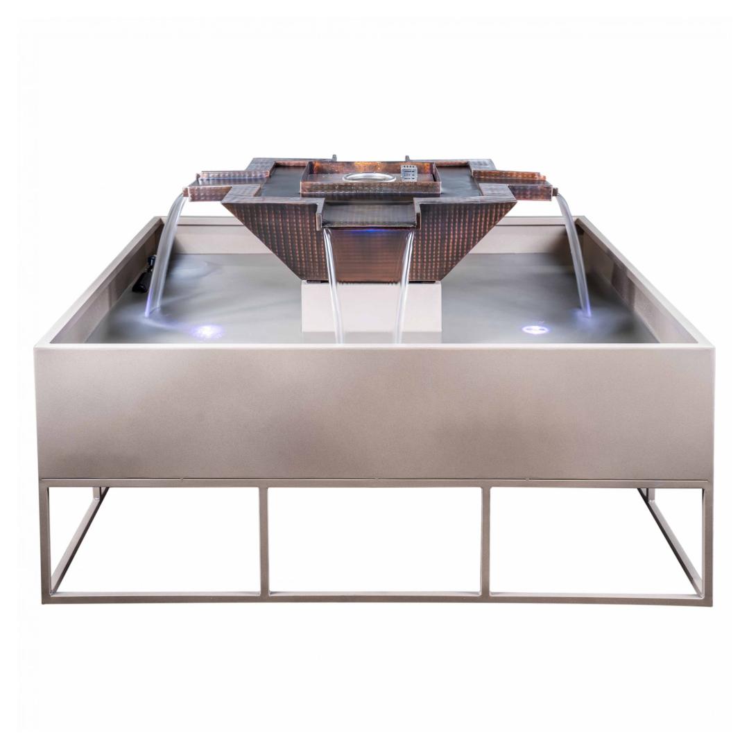 Osiris Square 4-Way Spill Copper Fire & Water Fountain - Raised Center Fire Column - Low Voltage Electronic Ignition